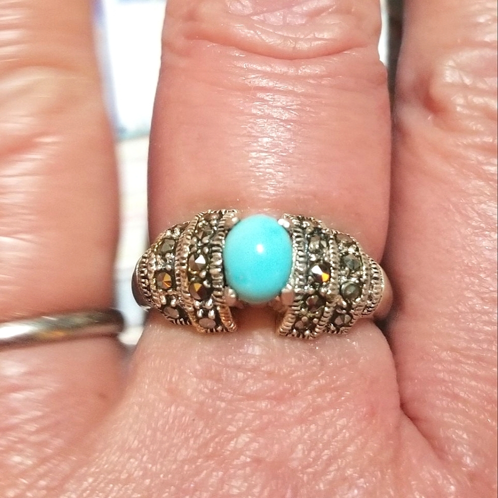 VTG Sleeping Beauty Turquoise Marcasite Sterling Silver Ring - Picture 1 of 6